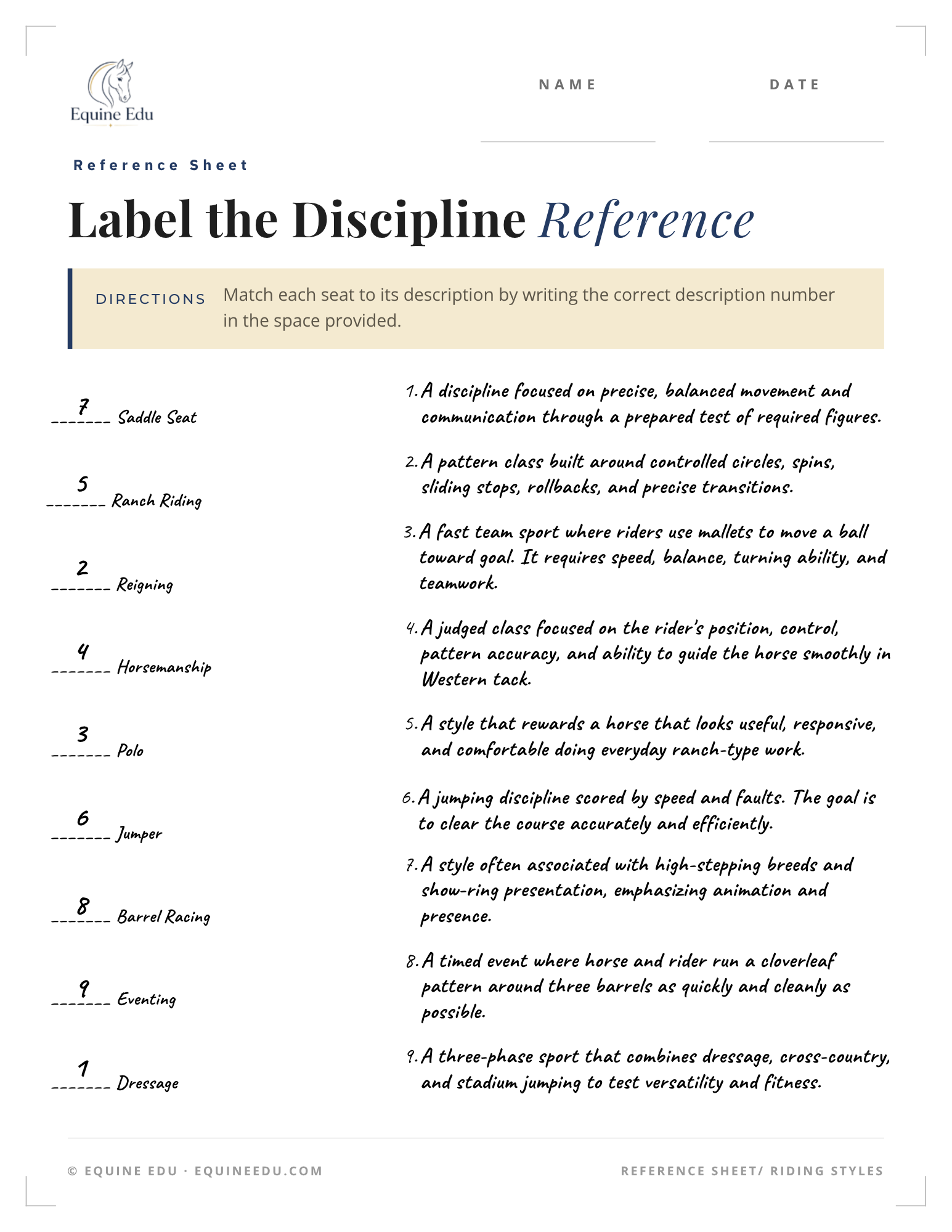Match the discipline reference sheet preview