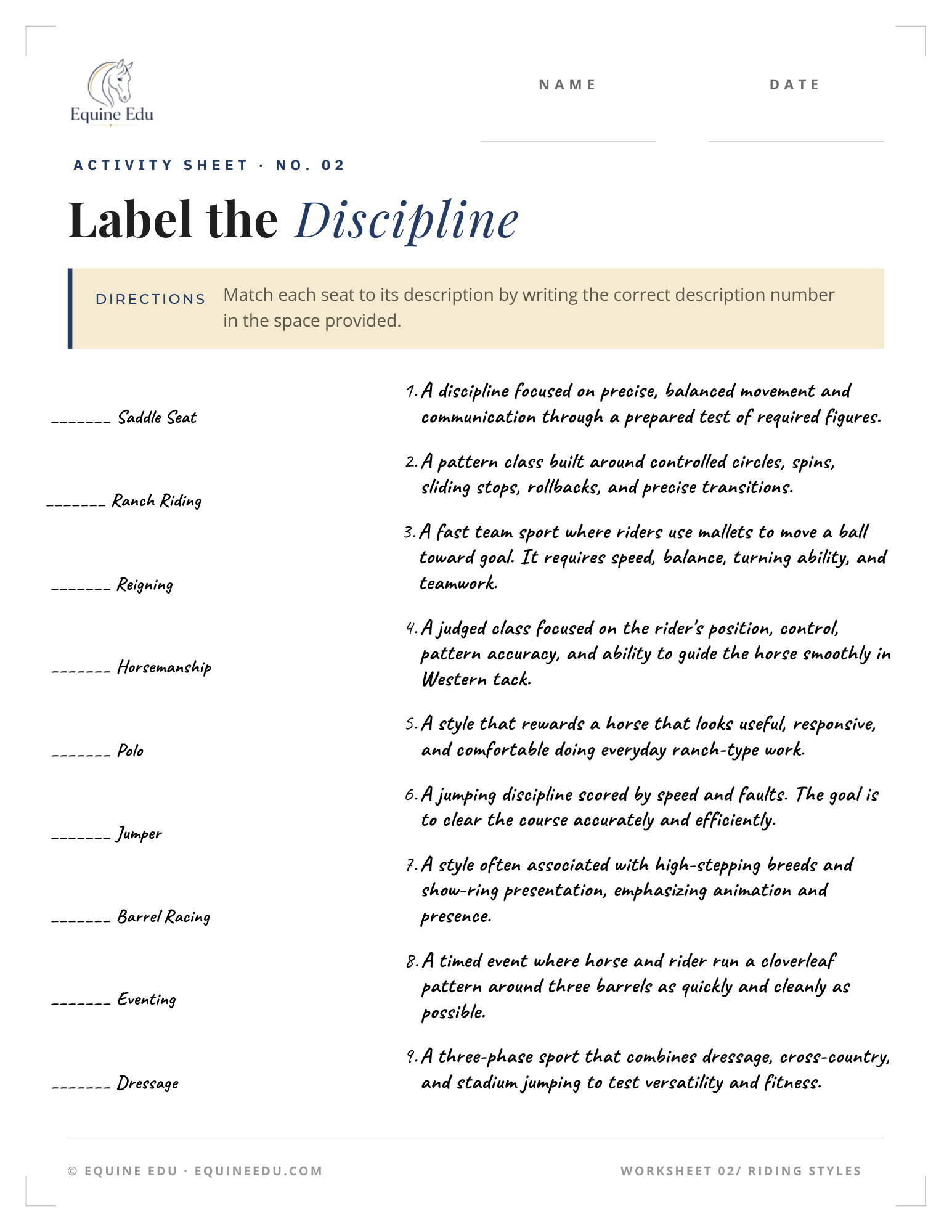 Match the discipline worksheet preview